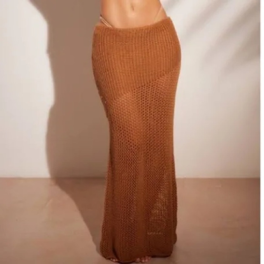 PrettyLittleThing Tan Crochet Maxi Skirt Beach Cover Up US 8 Boho Resort NWT